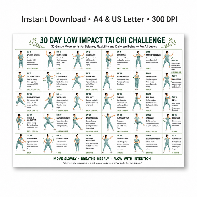 30 Day Low Impact Tai Chi Challenge — Printable PDF Chart – VitaFlow Studio