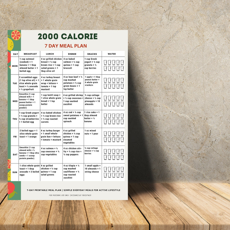 2000 Calorie Meal Plan 7 Day Printable PDF – VitaFlow Studio
