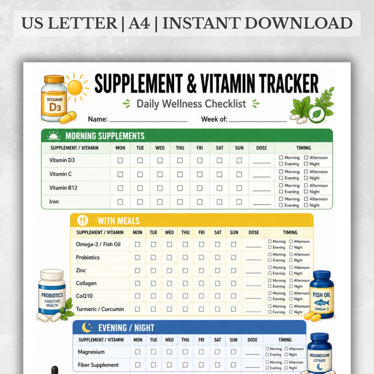 Supplement & Vitamin Tracker Printable | Weekly Pill Checklist PDF ...