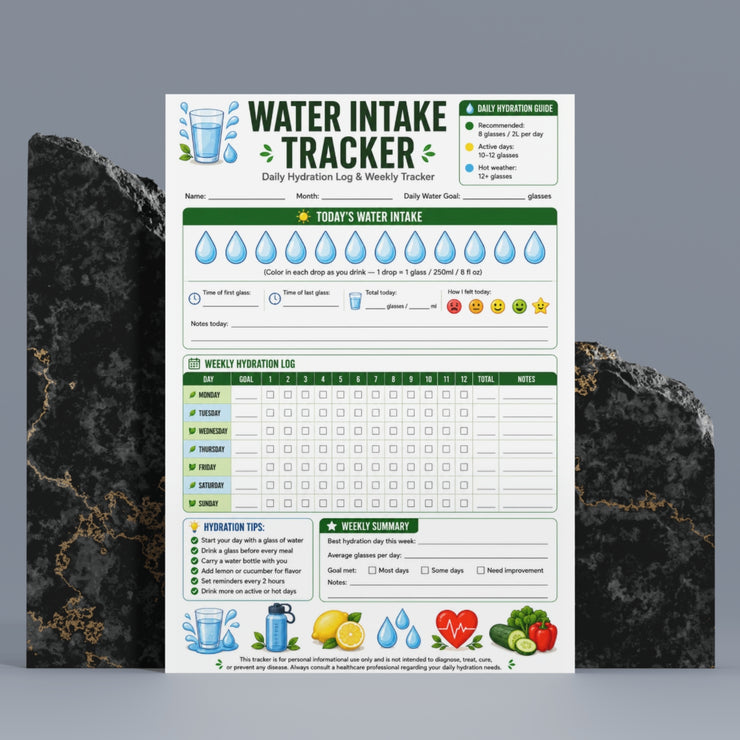 Water Intake Tracker Printable | Daily Hydration Log PDF – VitaFlow Studio