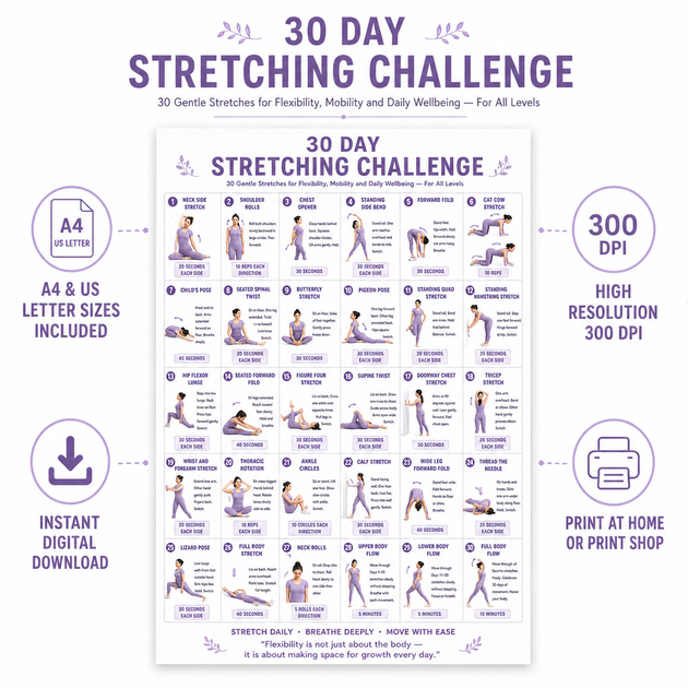 30 Day Stretching Challenge — Printable PDF Chart – VitaFlow Studio